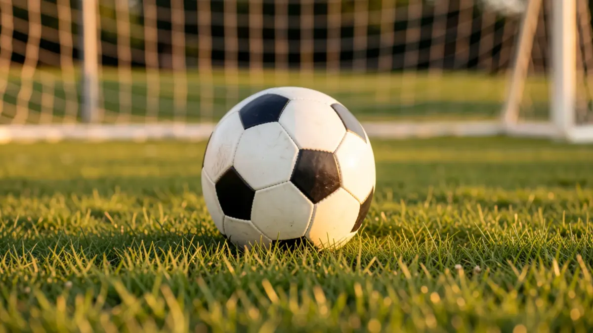Imagen genérica de un balón de fútbol sobre césped con la portería desenfocada.