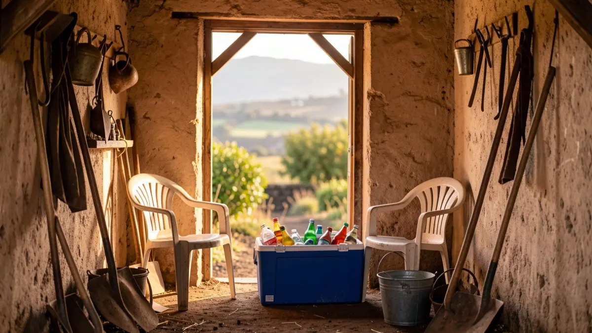 Generic image of a Canarian 'cuarto de aperos' with plastic chairs and a cooler.
