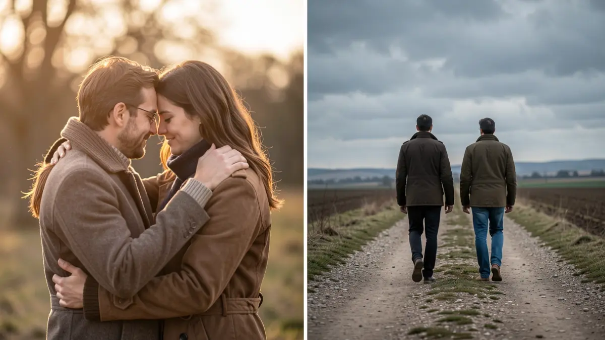 Split image showing a couple embracing and another couple parting ways, symbolizing reconciliation and breakup.
