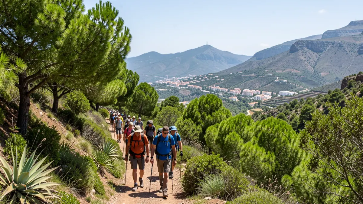 Hikers walking along a historic trail in Gran Canaria with valley views.