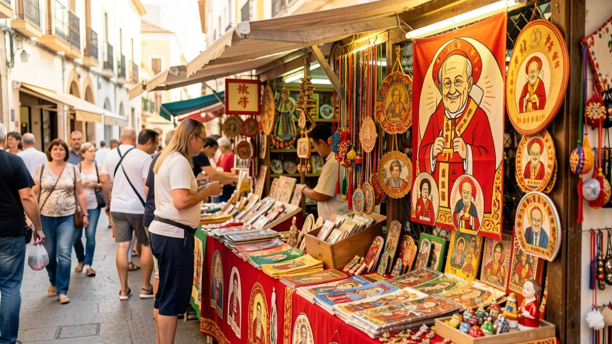Imagen de un bazar en Las Palmas de Gran Canaria vendiendo recuerdos del Papa León XIV.