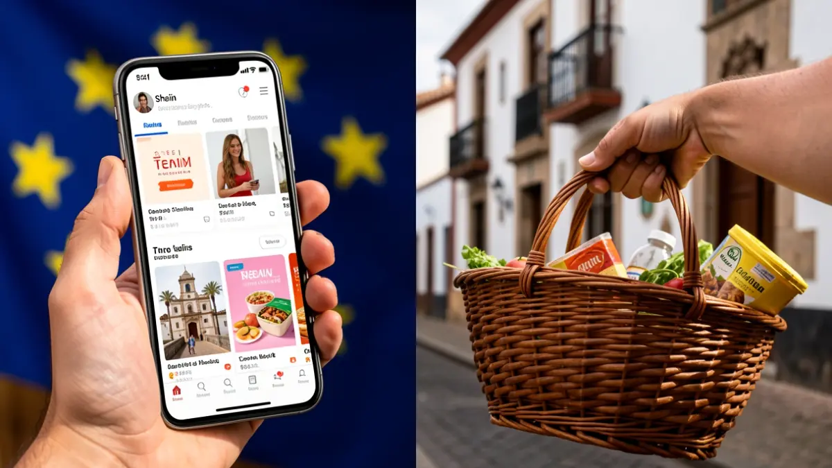 Imagen dividida: a la izquierda, mano con móvil mostrando apps de compra online; a la derecha, mano con cesta de productos locales canarios.