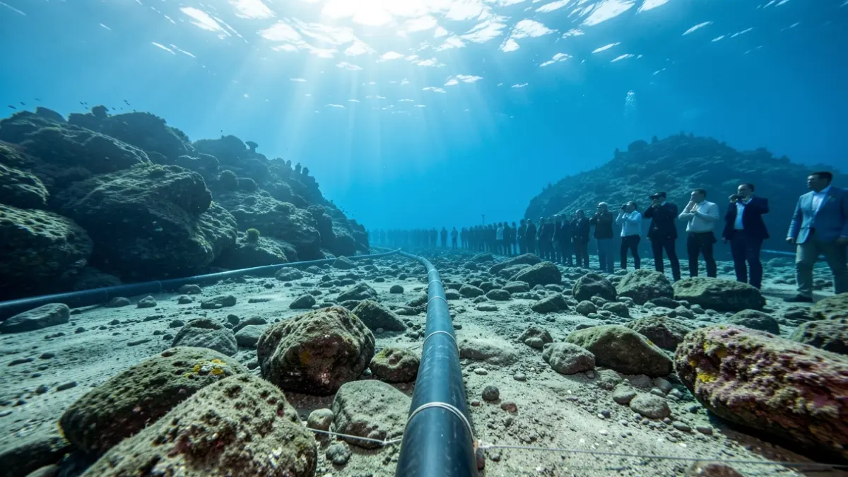 Image of an underwater electrical cable being installed between two islands.