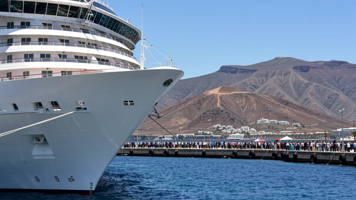 Imagen genérica de un crucero anclado frente a la costa de Tenerife con paisaje volcánico.
