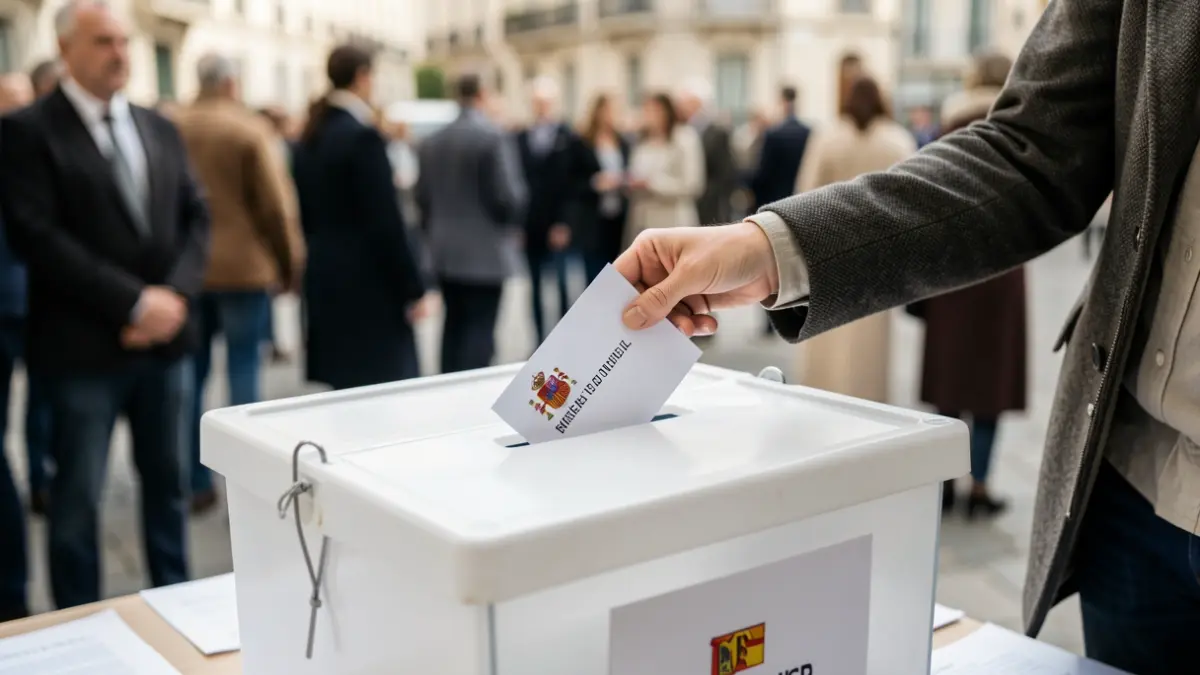 Close-up of a Spanish ballot box with a hand casting a vote.