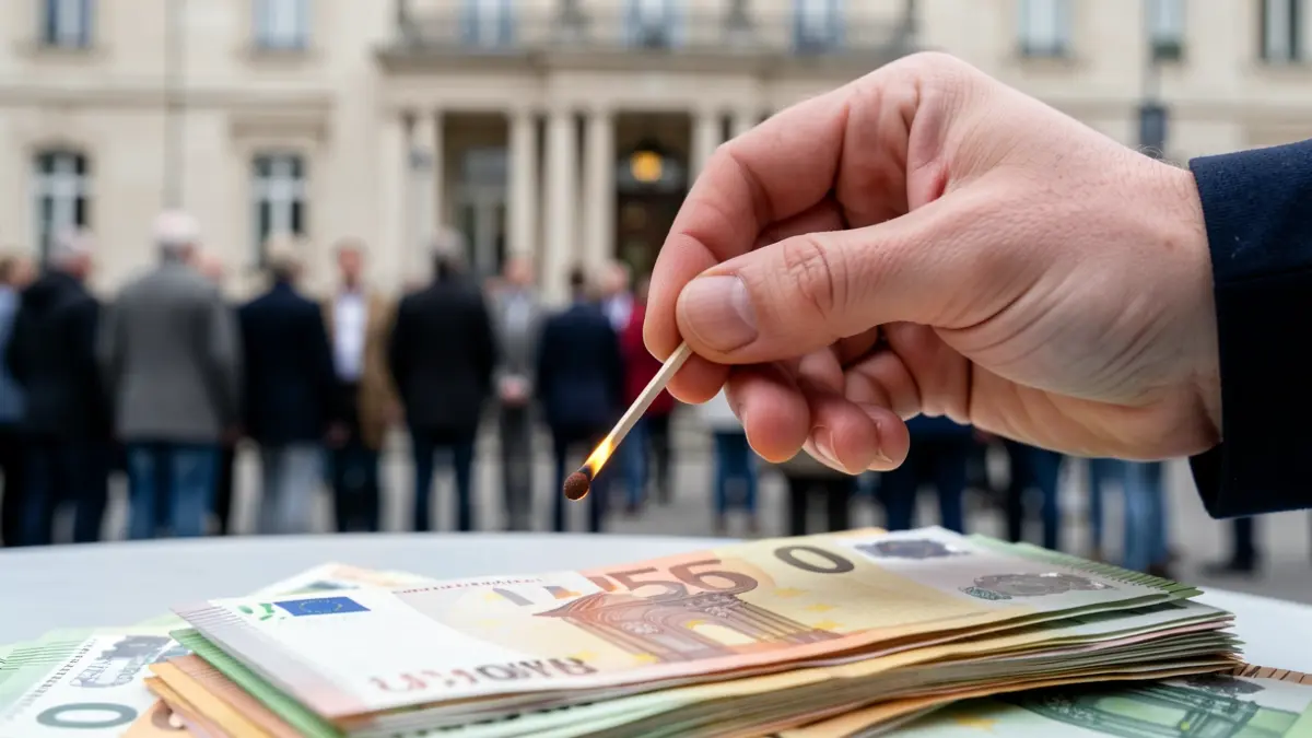 Close-up of a euro banknote with a lit matchstick on top, symbolizing economic measures.