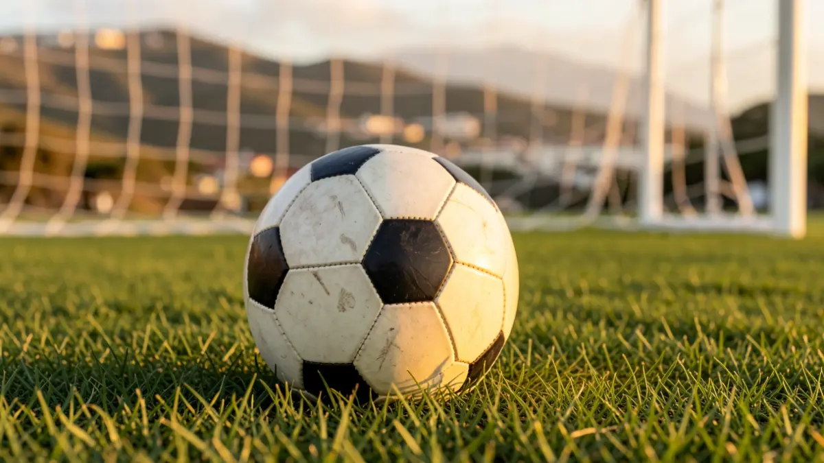 Imagen genérica de un balón de fútbol sobre césped con la red de portería desenfocada.