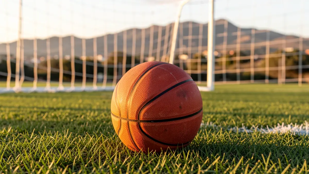 Imagen genérica de un balón de baloncesto sobre césped con la red de una canasta desenfocada al fondo.
