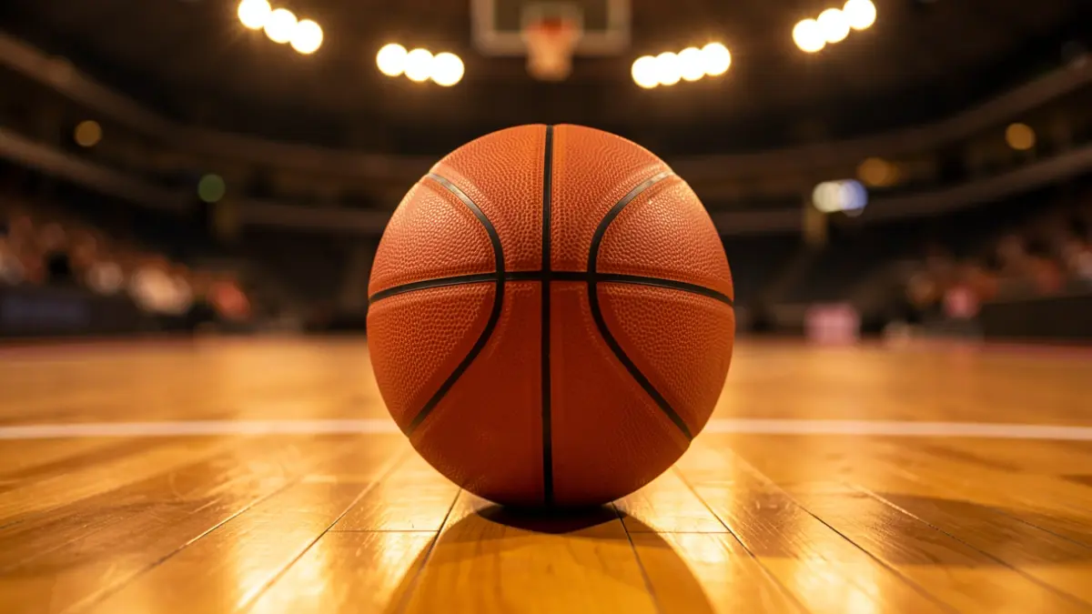 Imagen genérica de un balón de baloncesto sobre una cancha profesional.