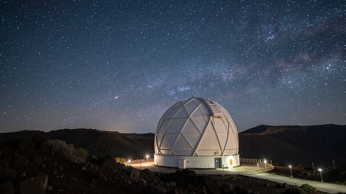 Imagen del Gran Telescopio Canarias de noche con el cielo estrellado.
