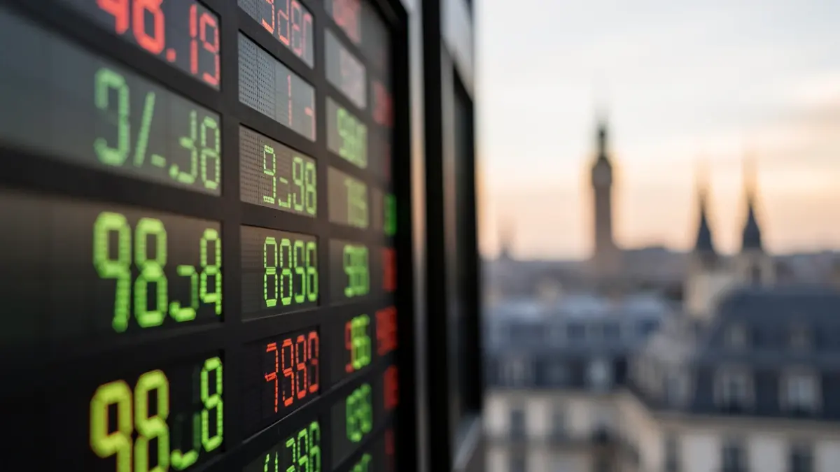 Generic image of a stock market screen with falling numbers and a blurred urban landscape.