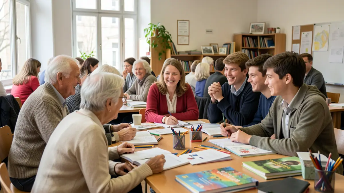 Generic image of elderly people and young students interacting in an educational setting.