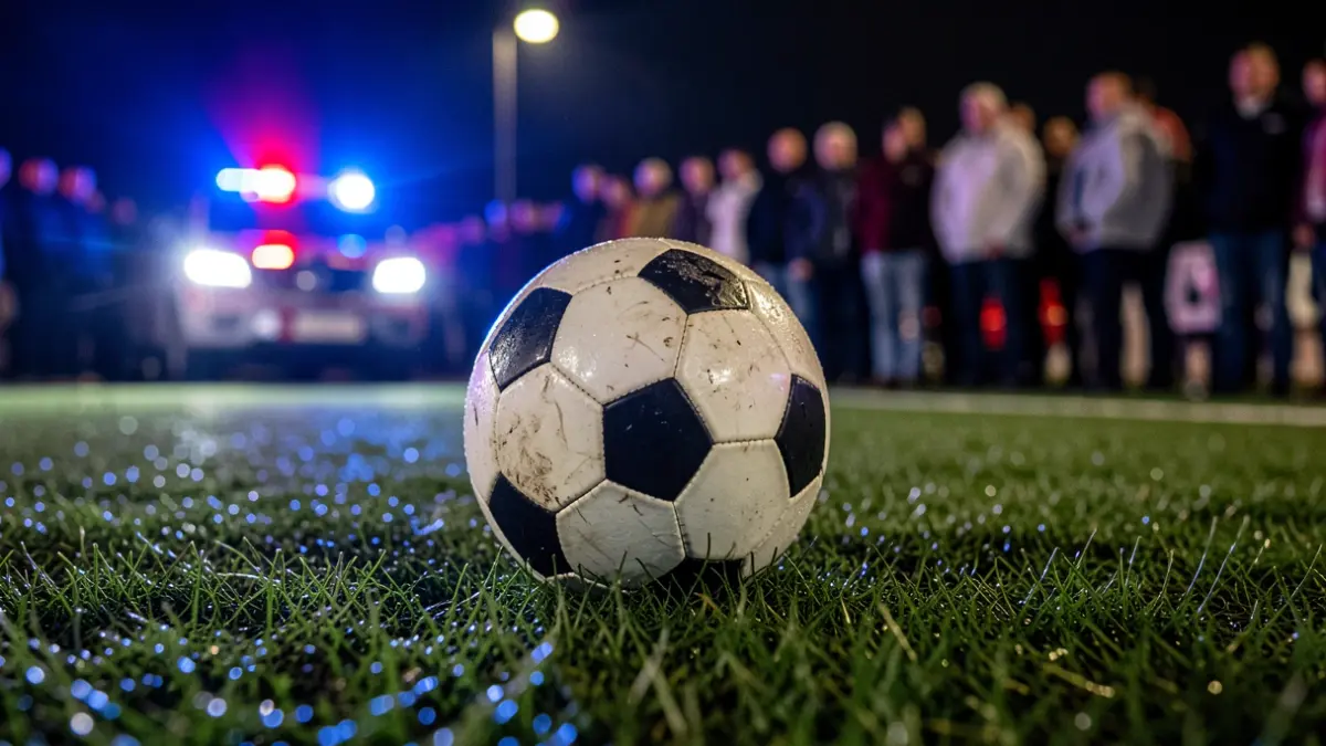 Generic image of a soccer ball on wet grass with blurred emergency lights in the background.