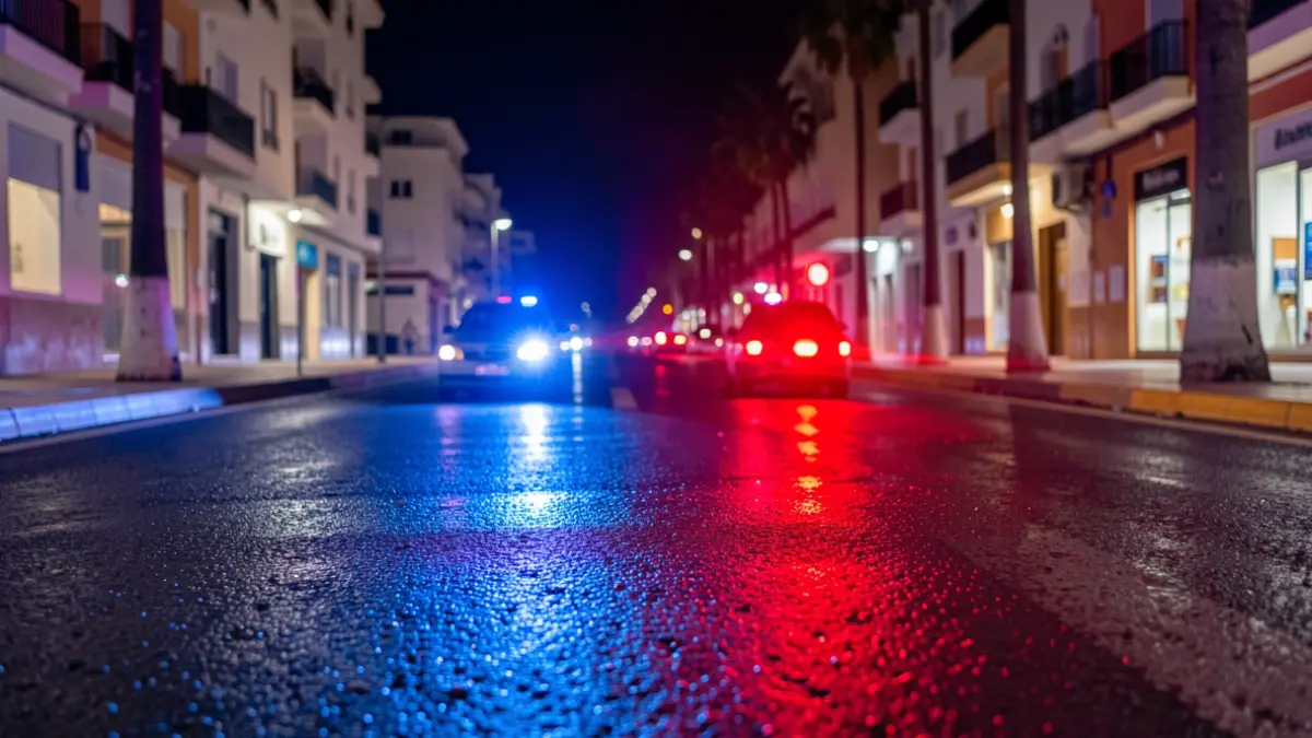 Imagen genérica de luces de emergencia policiales reflejándose en el asfalto mojado por la noche.