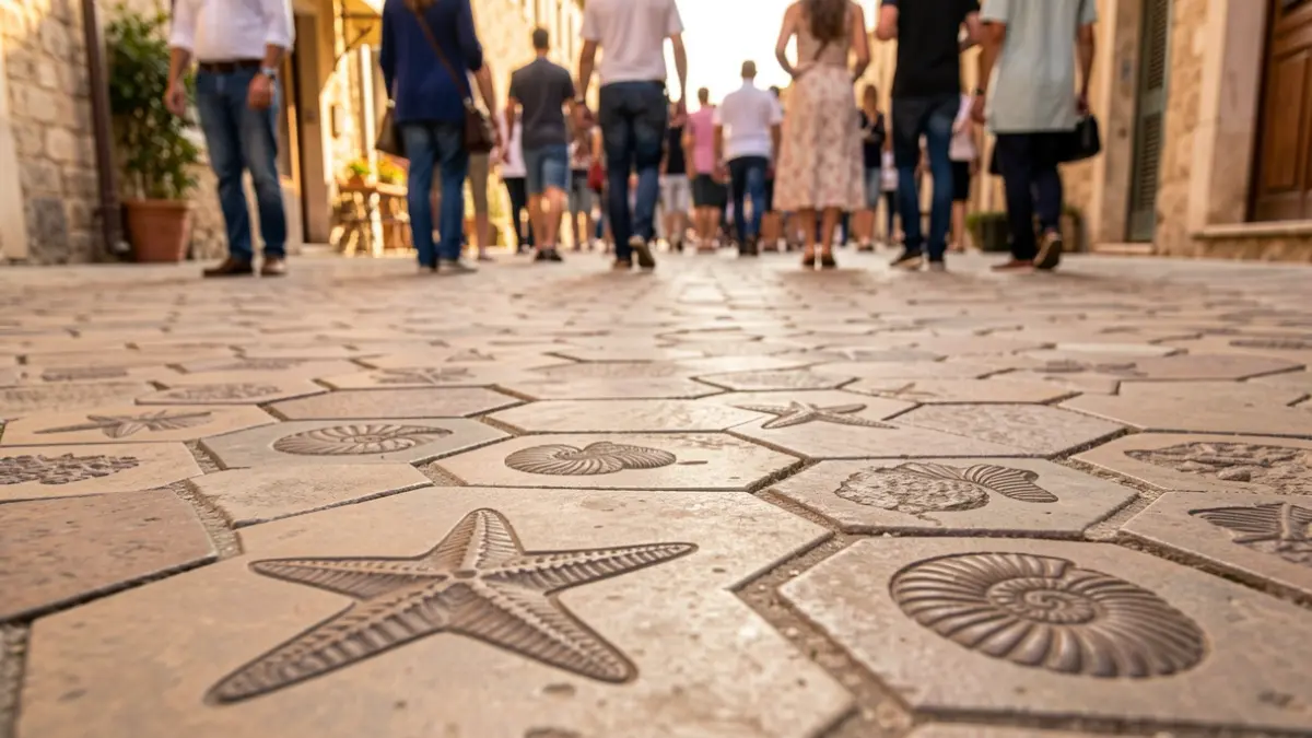 Close-up of modernist hexagonal pavement tiles with marine motifs in a public walkway.
