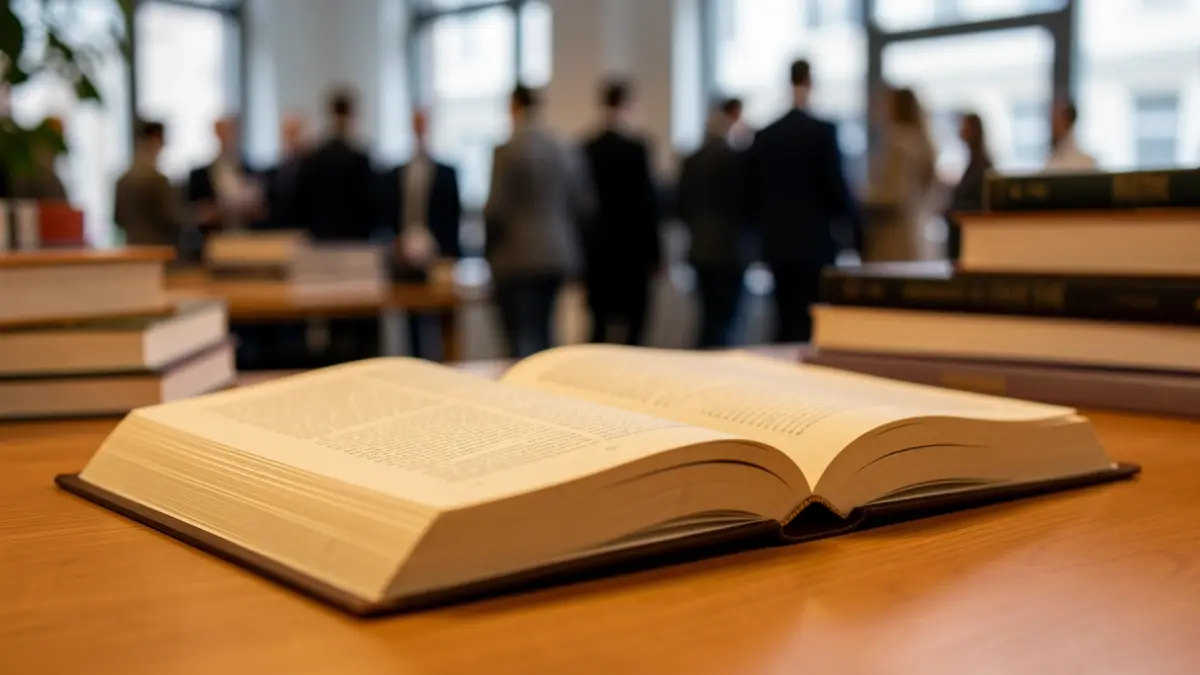 Generic image of an open book on a desk with warm lighting.