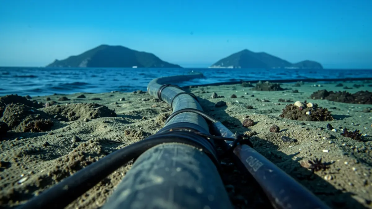 Image of a submarine cable being installed on the seabed between two islands.