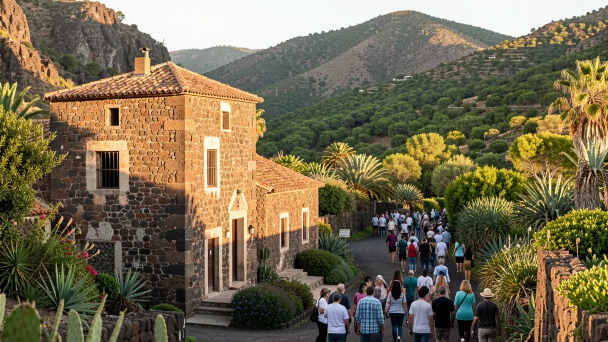 Exterior de un antiguo molino de piedra en Teror, Gran Canaria, rodeado de vegetación.