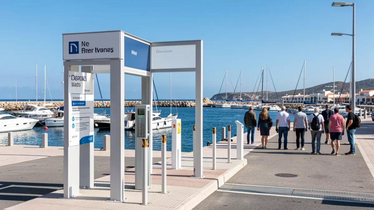 Imagen genérica de un muelle moderno con señalización y control de acceso.