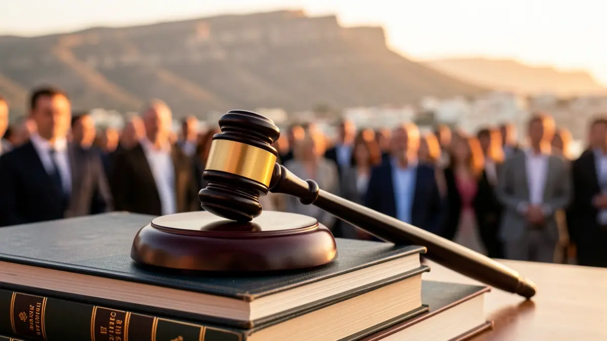 Generic image of a judge's gavel on law books with a Canarias landscape in the background.