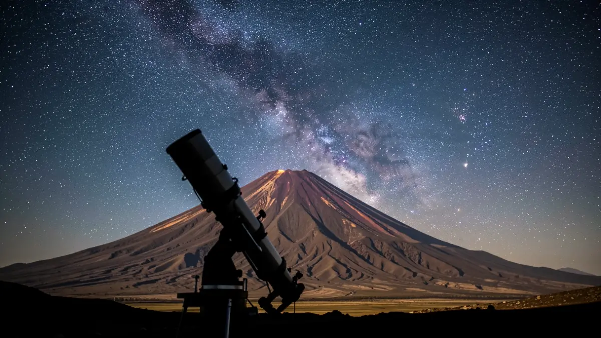 Imagen del Observatorio del Teide con el volcán Teide y el cielo estrellado.