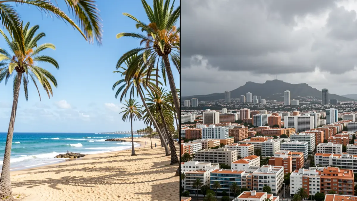 Image showing the meteorological contrast between sunny Arguineguín and cloudy Las Palmas de Gran Canaria during the papal visit.