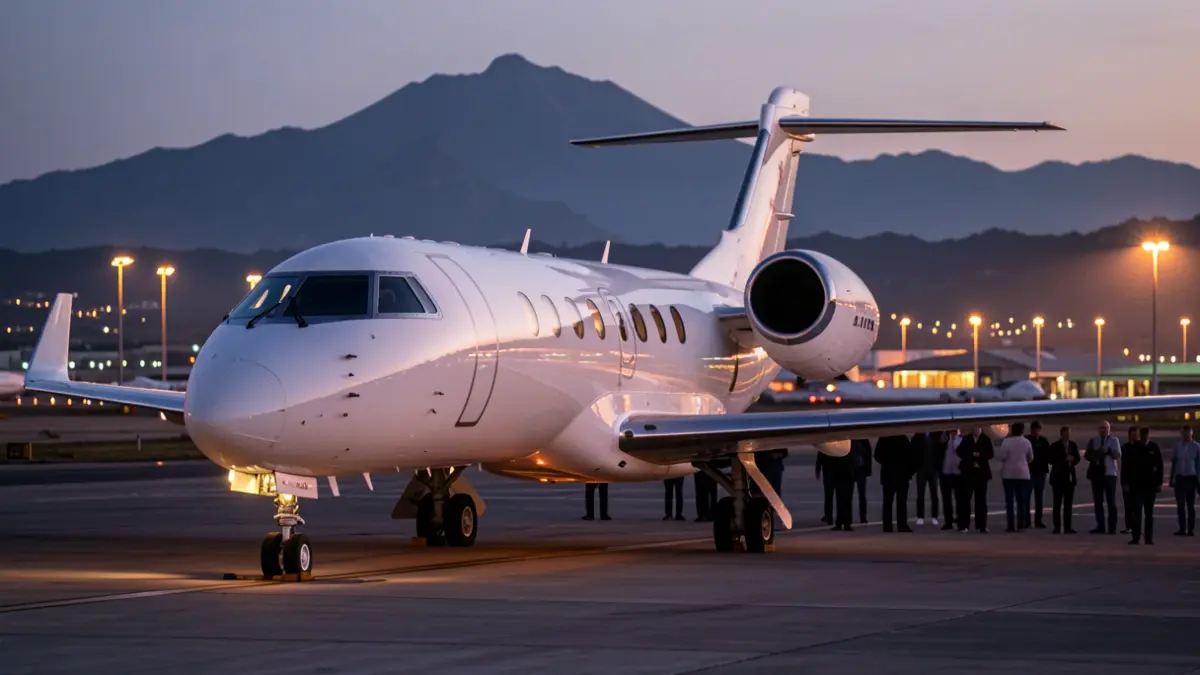 Imagen genérica de un avión privado al atardecer en una pista de aeropuerto.
