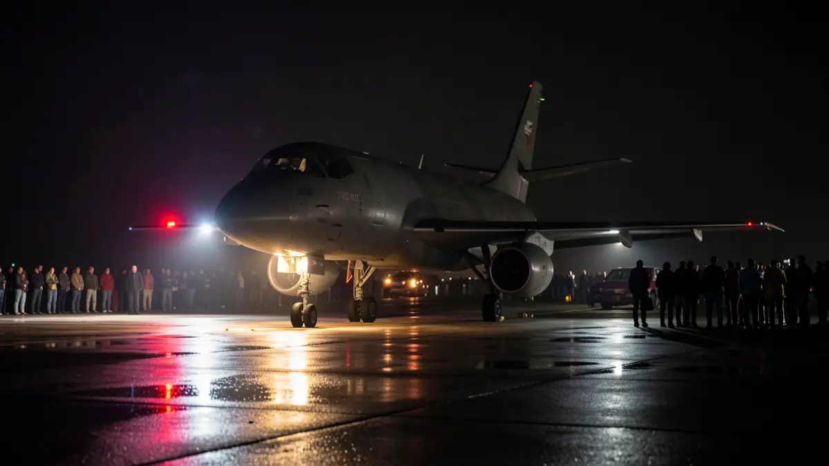 Generic image of a Falcon jet on a tarmac at night.