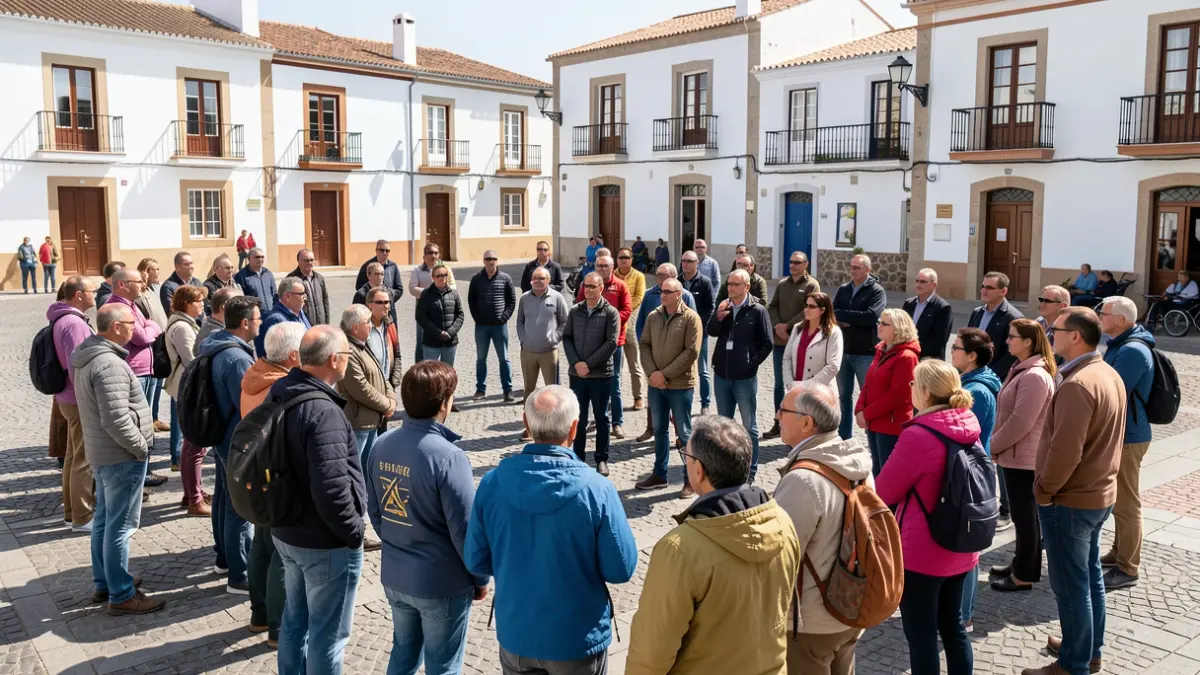 Imagen genérica de un grupo diverso de personas escuchando en una plaza de las Islas Canarias con arquitectura tradicional.