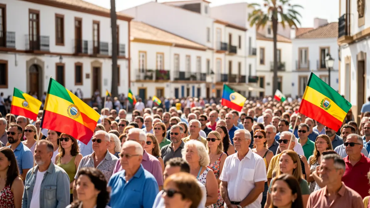 Generic image of a diverse crowd gathered in a Tenerife square, with Latin American flags and Canarian architecture in the background.