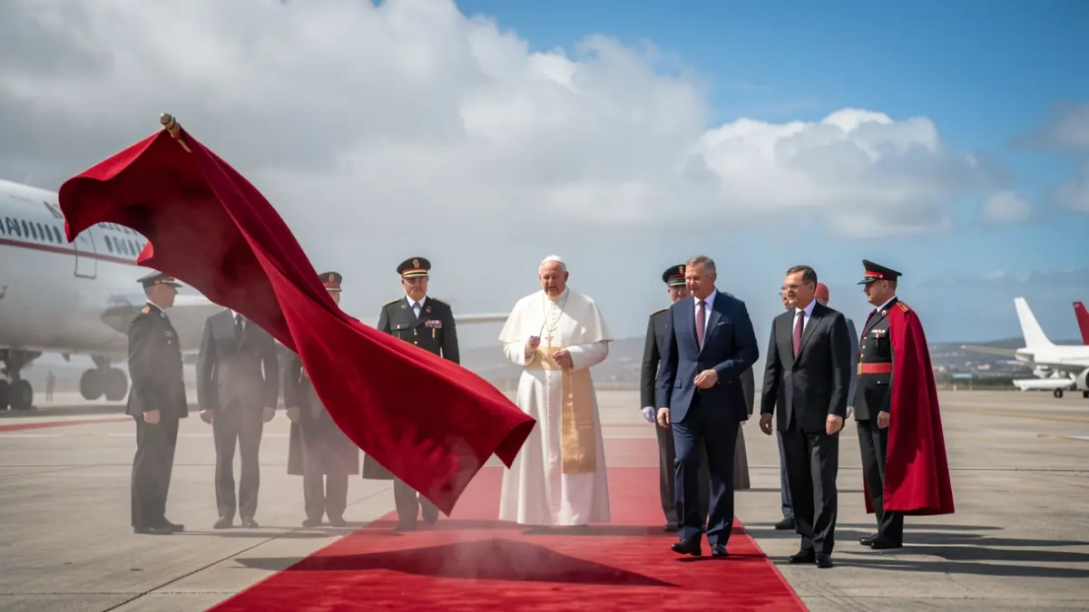 Pope's arrival in Gran Canaria with strong winds affecting the red carpet and attire.