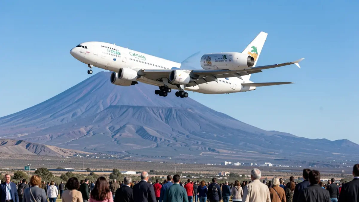 Generic image of a papal airplane flying over the volcanic landscape of the Canary Islands.