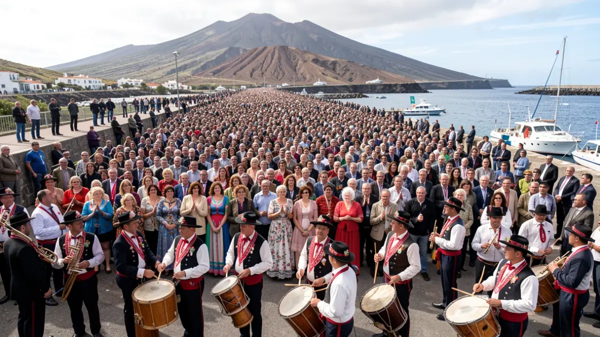 Imagen genérica de una multitud esperando la llegada de una figura importante en un puerto canario, con músicos tradicionales.