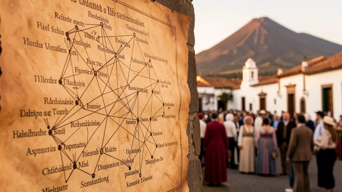 Generic image of an ancient genealogical tree with a Canarian landscape background.
