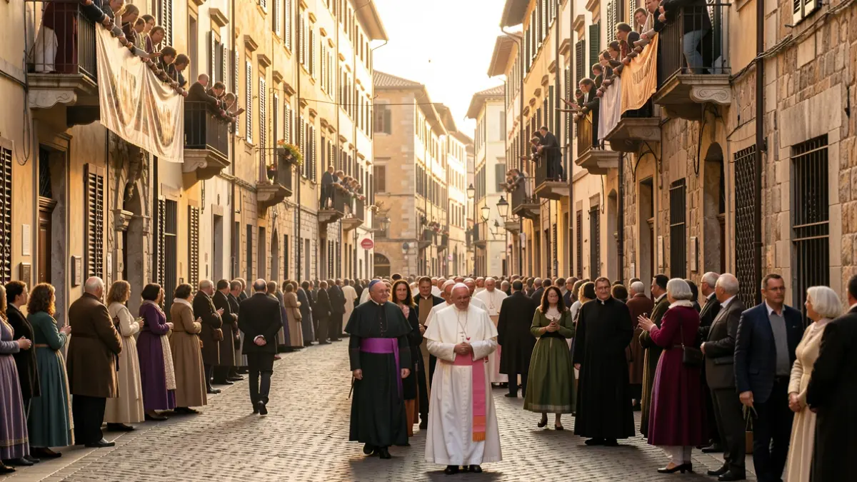 Generic image of a papal procession on an urban route with people on balconies.