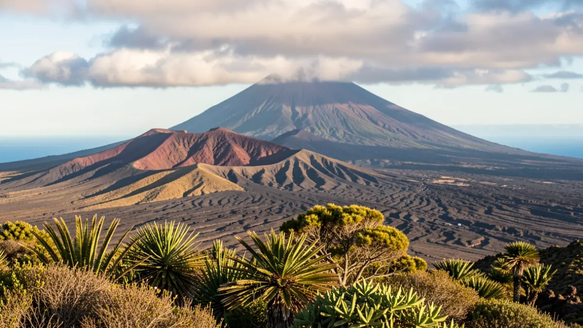 Generic image of Gran Canaria's volcanic landscape with Teide and subtropical vegetation.