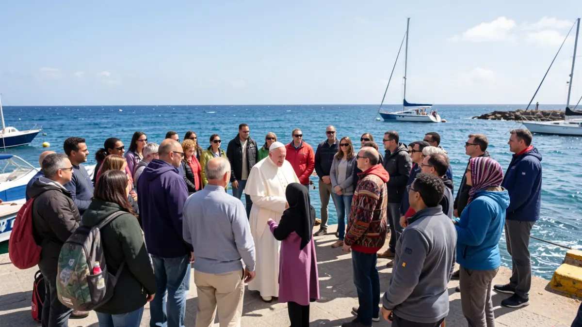 Imagen del papa León XIV reuniéndose con migrantes en el muelle de Arguineguín.