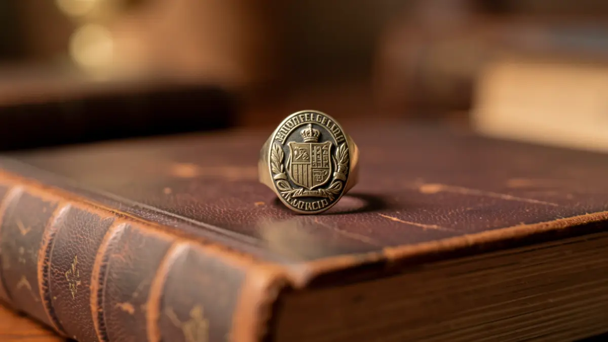 Primer plano de un anillo papal sobre un libro antiguo.