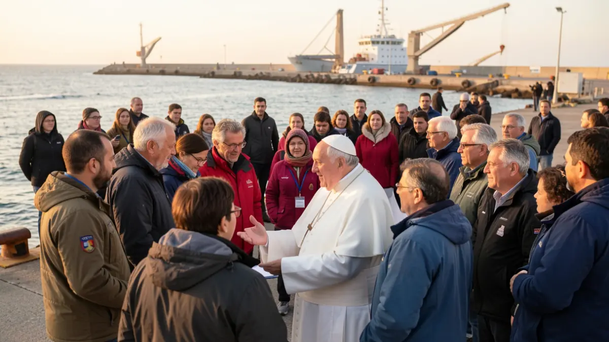 Imagen del Papa León XIV reunido con migrantes y voluntarios en el muelle de Arguineguín.