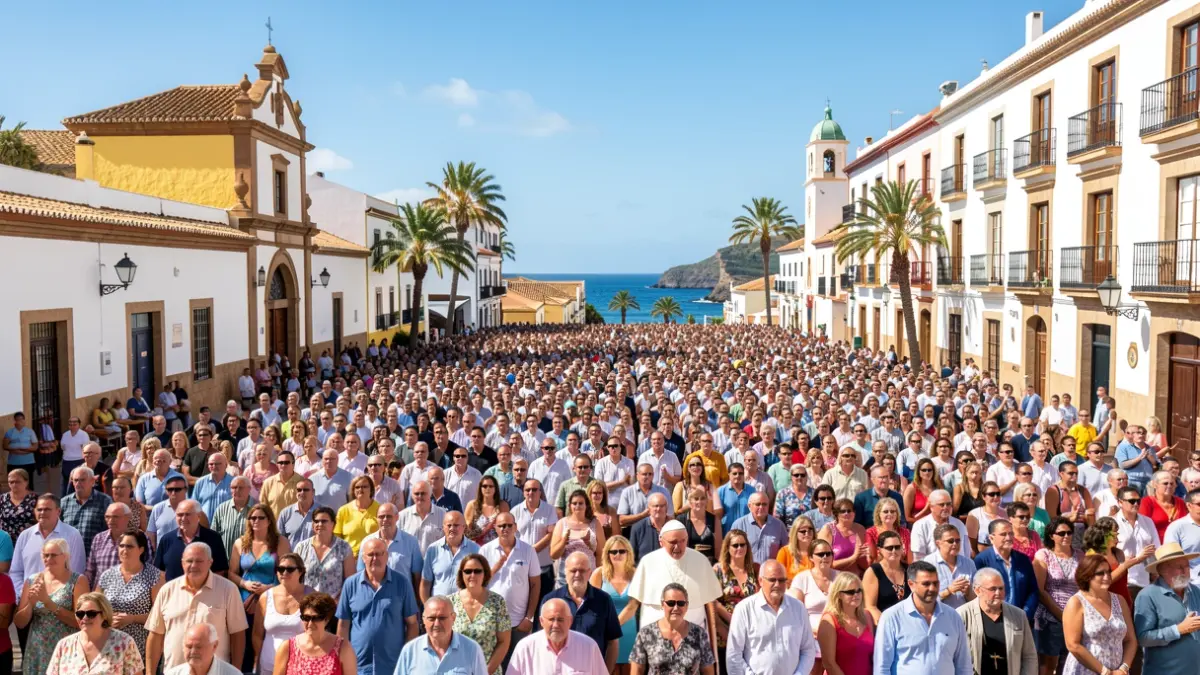 Image of the Pope's visit to Gran Canaria, featuring faithful and architectural elements of the islands.