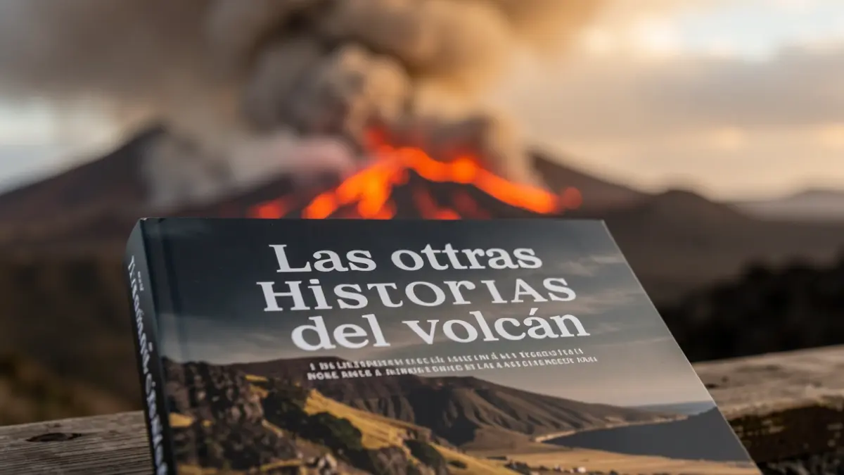Cover of the book 'Las otras historias del volcán' with a volcanic landscape background.