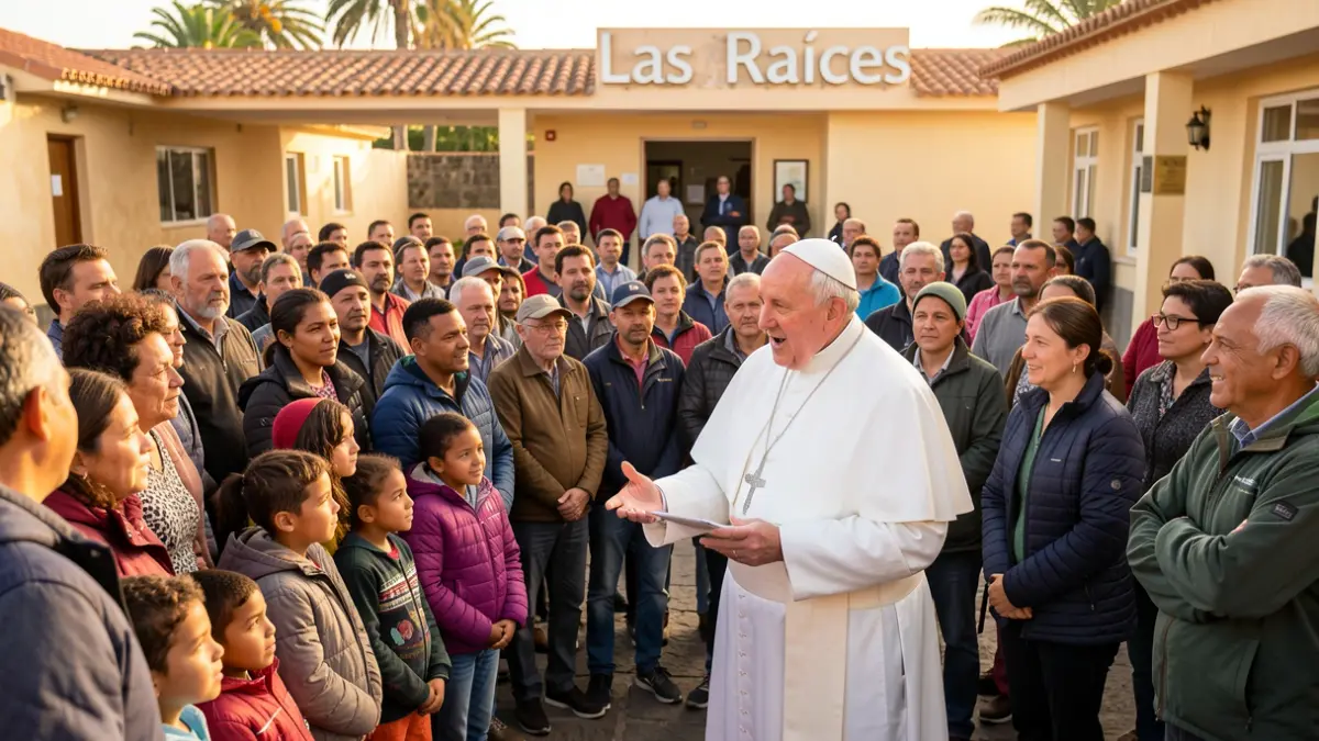 Image of the Pope addressing migrants at the 'Las Raíces' center.