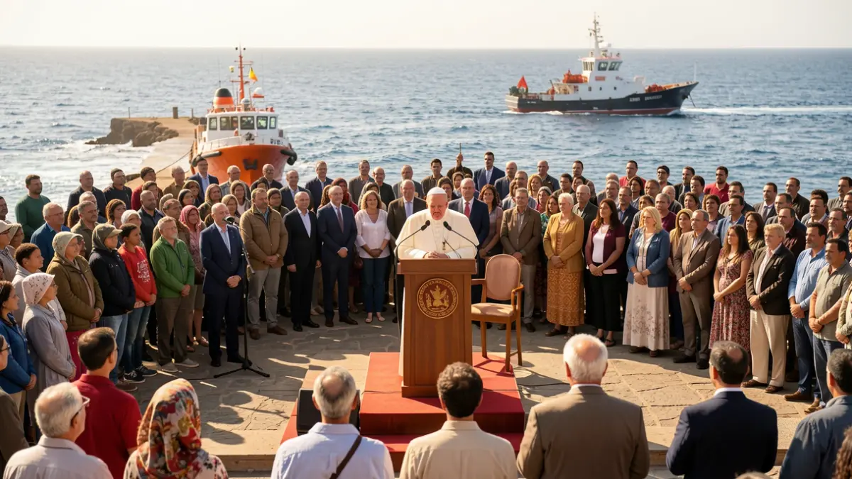 Pope Francis speaks at a pier in Arguineguín before migrants and authorities.