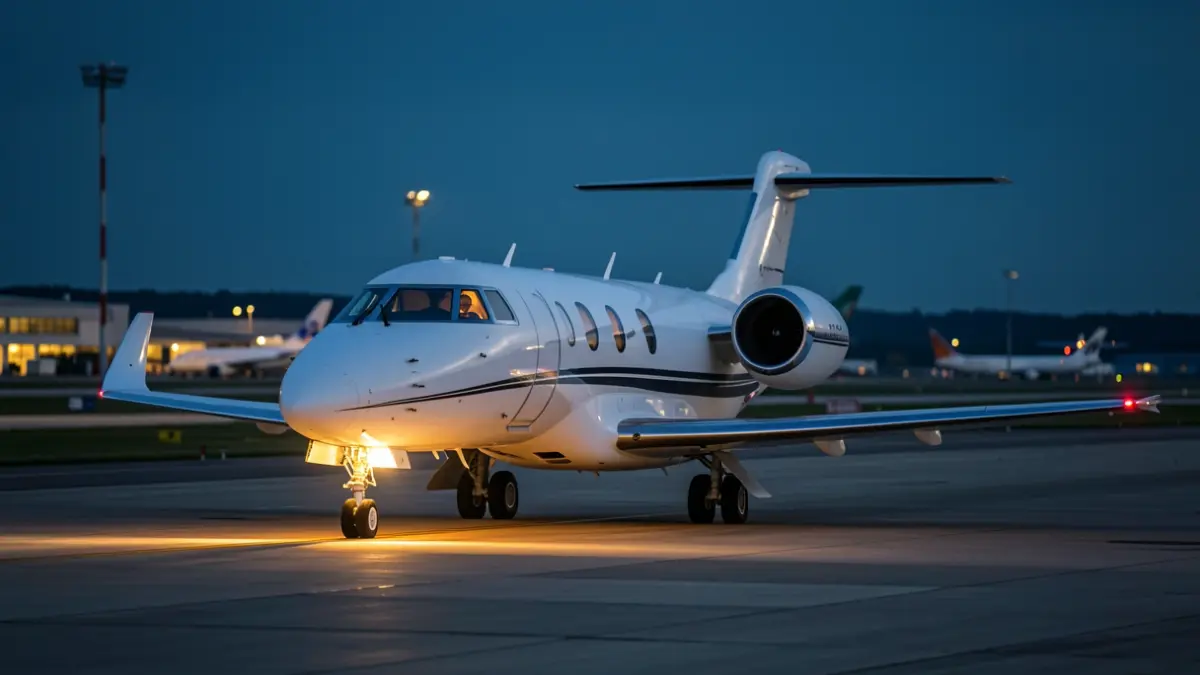 Imagen de un avión privado Falcon 900 aparcado en la pista de un aeropuerto al atardecer.