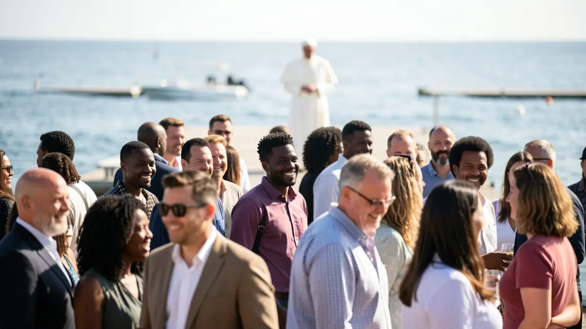 Generic image of people waiting for the Pope's visit at a dock.