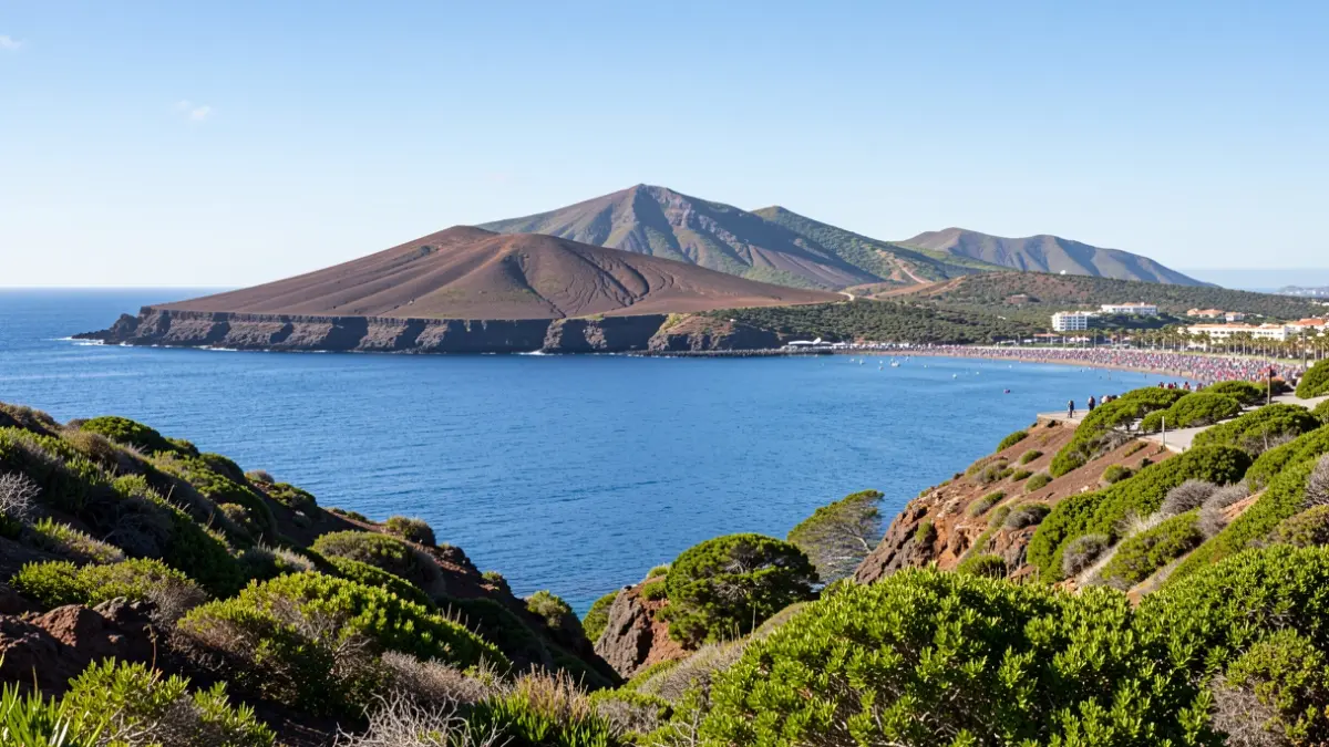 Generic image of the Canary Islands coast with volcanic landscape and vegetation.