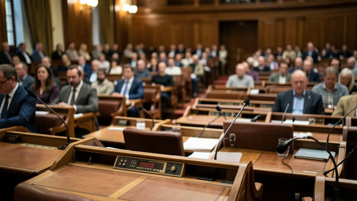 Imagen genérica de una cámara legislativa con micrófonos y escaños.
