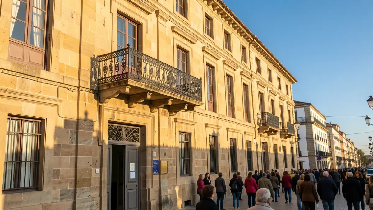 Imagen genérica de la fachada de un ayuntamiento canario con balcón de hierro, bajo la luz del sol de la tarde.