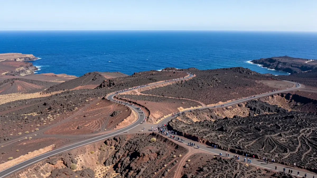 Volcanic landscape of Fuerteventura with a coastal road under sunlight.