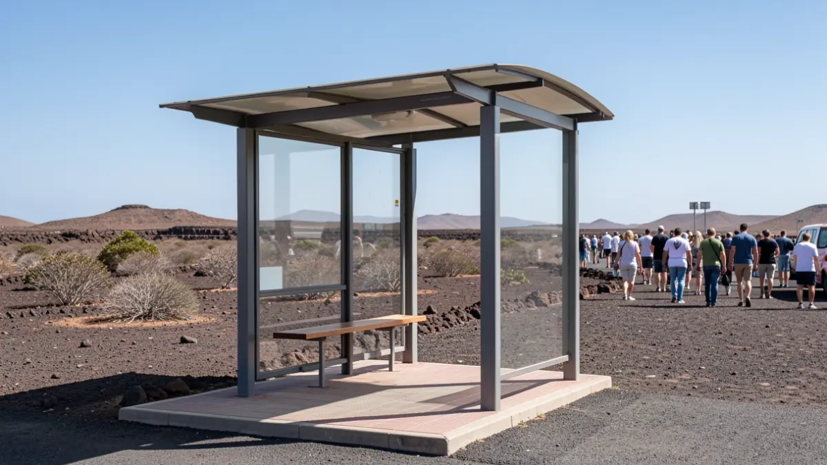 Generic image of a bus stop in Fuerteventura with volcanic landscape.